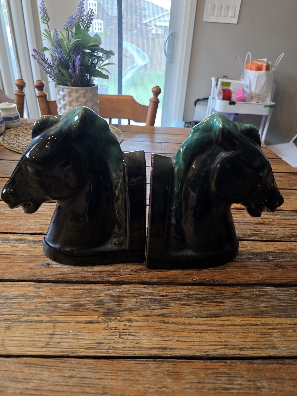 Vintage Blue Mountain Pottery Horse Bookends - MCM Green Glaze